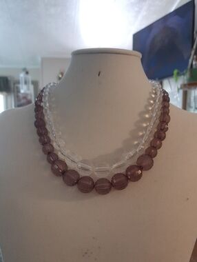 Clear and Smoky Purple Glass Bead Double Strand Necklace